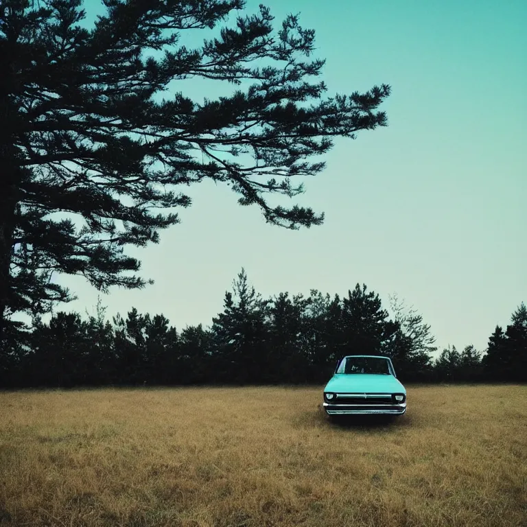 Image similar to 1 9 7 0 s car parked by the pine tree, silhouettes in field behind, film photo, soft lighting album cover, nostalgia, turquoise gradient