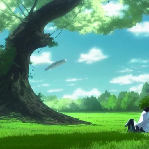 Image similar to big white whale flying near giant tree in the green field, anime, HD,