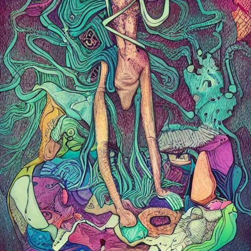 Image similar to dissociation, derealization, disconnection, amnesia, fantasy illustration, detailed, abstract, amorphous, eerie, organic, inhuman, rich colors