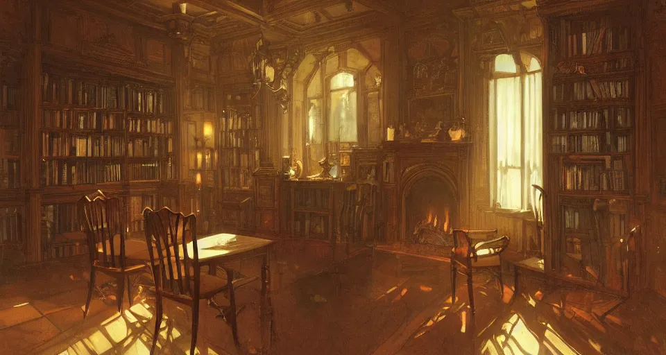 Prompt: Dark victorian hall with two chairs and fireplace. Stained-glass above, bookshelves, artstation, concept art, smooth, sharp focus, illustration, art by and greg rutkowski and alphonse mucha