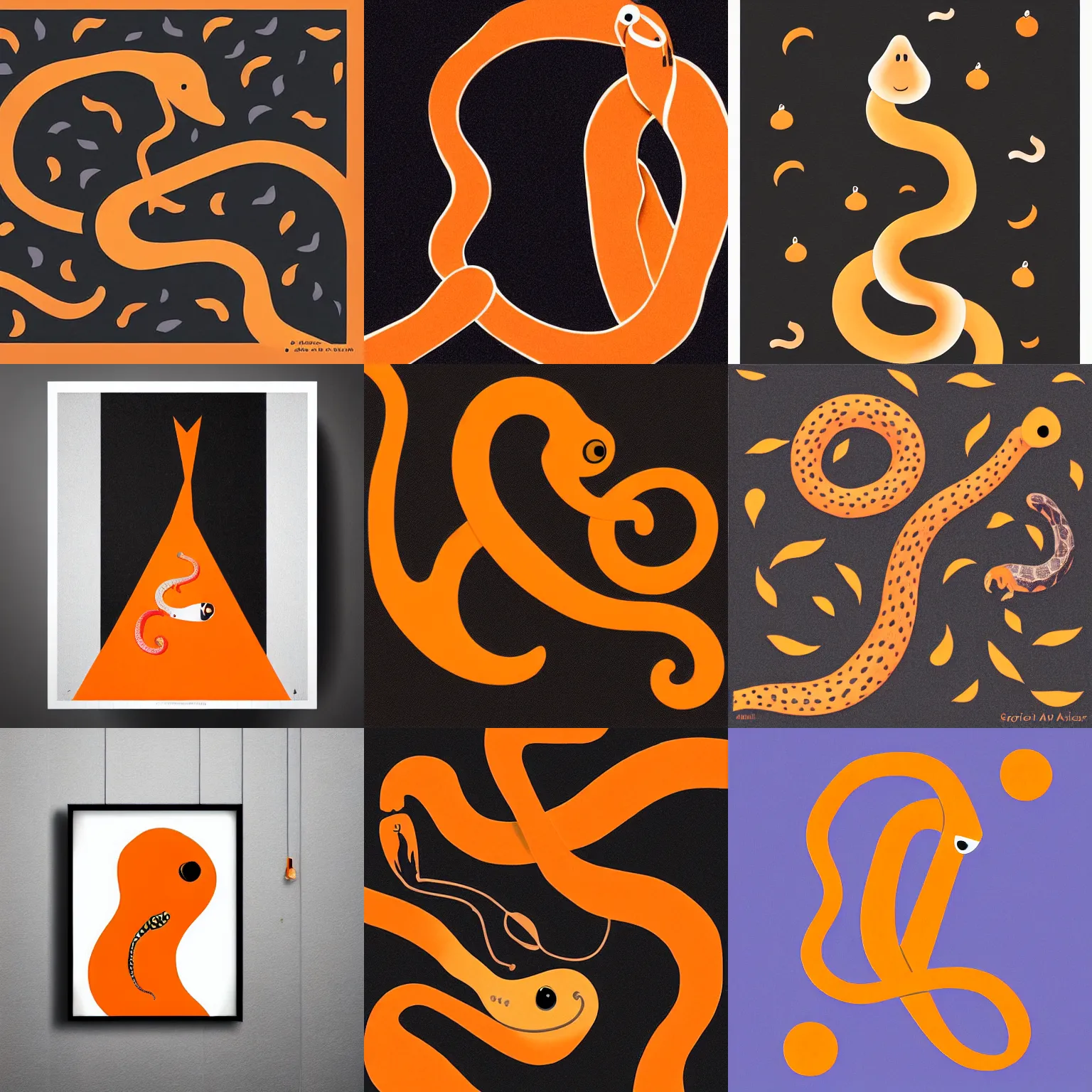 Prompt: a picture of an orange and a snake on a black background, an album cover by Sophie Taeuber-Arp, featured on dribble, figuration libre, art deco, poster art, concert poster
