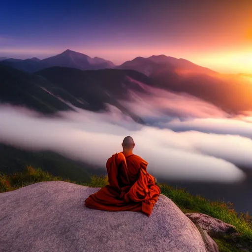 Prompt: a monk training on top of a mountain, fog, Midjourney AI style, sunset, beautiful, artsty