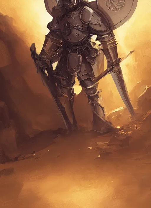 Prompt: portrait of a warforged character in yellow armor holding a paladin engraved longsword and carrying a big shield, epic concept art, trending on ArtStation, cinematic lighting, by Greg Rutkowski and Jesper Ejsing