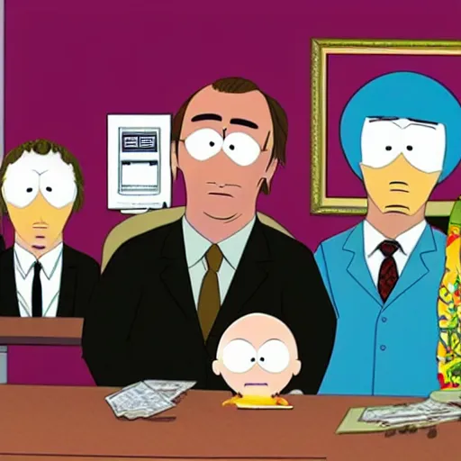 Image similar to saul goodman visits south park cartoon frame.