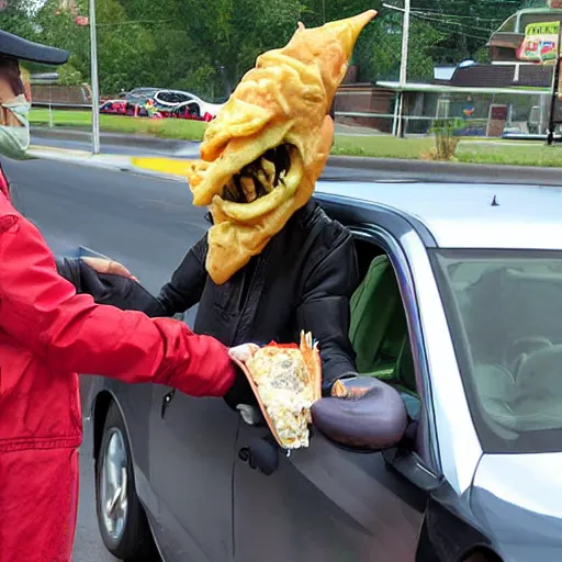 Prompt: creepy goblin handing out food at the mcdonald's drive through, photograph