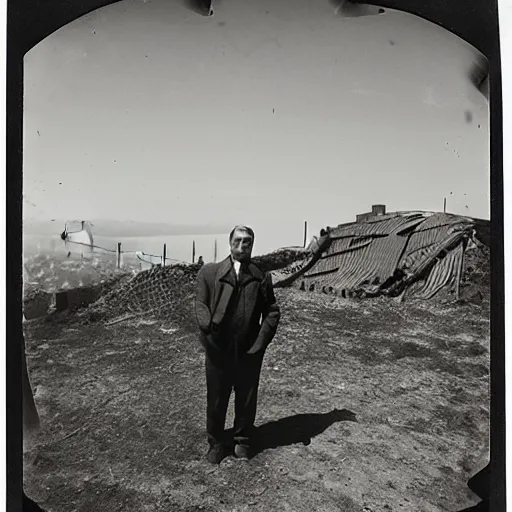 Prompt: san francisco, strawberry hill, post - nuclear city in background, man standing in front of bunker door, tintype photograph