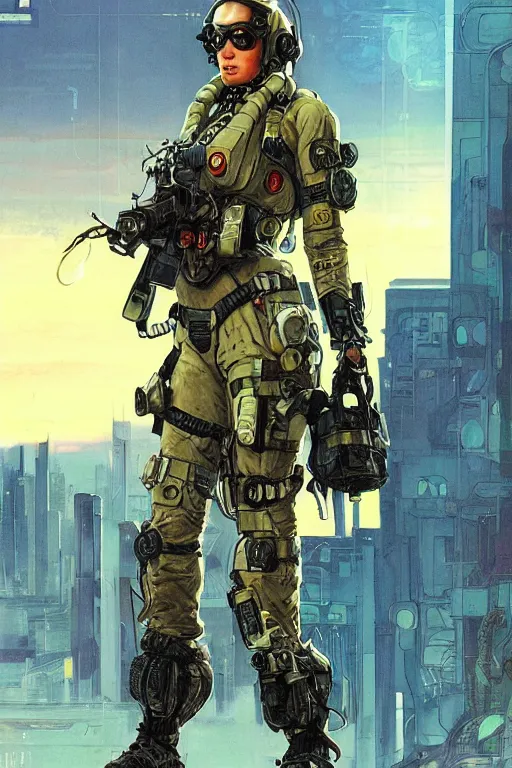 Image similar to Dinah. USN special forces futuristic recon operator, cyberpunk military hazmat exo-suit, on patrol in the Australian autonomous zone, deserted city skyline. 2087. Concept art by James Gurney and Alphonso Mucha