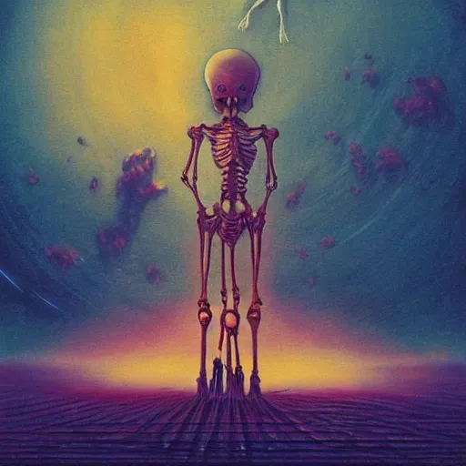 Image similar to space temple to death god, colorful, distant view, night sky, torches light, eerily beautiful, skeletal architecture, maximalist, awe inspiring, foreboding, ominous, miyazaki style, junji ito style, nausicaa, beksinski, studio ghibli, precise lines, bones , 8k, epic composition, cinematic, artstation, golden ratio,