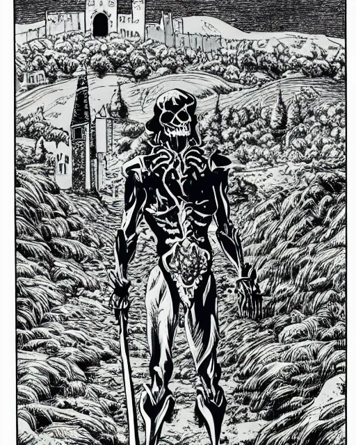 Prompt: an illustration of skeletor, full body, standing in a field, castle in the background, pen-and-ink illustration, etching, by Russ Nicholson, DAvid A Trampier, larry elmore, 1981, HQ scan, intricate details