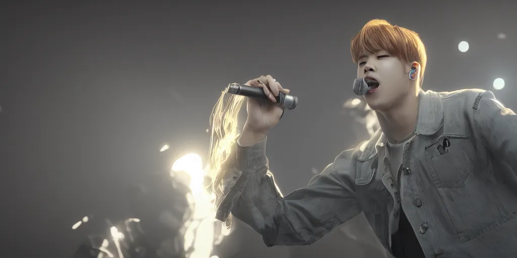 Image similar to Park Jimin singing on stage. photorealism, UHD, amazing depth, glowing, golden ratio, 3D octane cycle unreal engine 5, volumetric lighting, cinematic lighting, cgstation artstation concept art