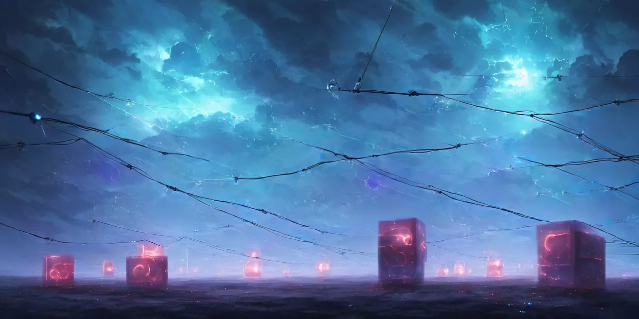 Image similar to a fleet of giant glowing futuristic cubes tied to each other with lots of wires in the sky, thick messy wires, a fantasy magical landscape seen in the distance, atmospheric lighting, intricate, volumetric lighting, beautiful, sharp focus, ultra detailed, in the art style of marc simonetti, bowater charlie and brom gerald, astrophotography