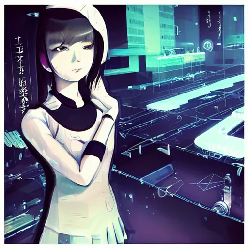 Image similar to Frequency indie album cover, luxury advertisement, green filter, blue and black colors. highly detailed post-cyberpunk sci-fi close-up schoolgirl in asian city in style of cytus and deemo, mysterious vibes, by Ilya Kuvshinov, by Greg Tocchini, nier:automata, set in half-life 2, beautiful with eerie vibes, very inspirational, very stylish, with gradients, surrealistic, dystopia, postapocalyptic vibes, depth of field, mist, rich cinematic atmosphere, perfect digital art, mystical journey in strange world, beautiful dramatic dark moody tones and studio lighting, shadows, bastion game, arthouse