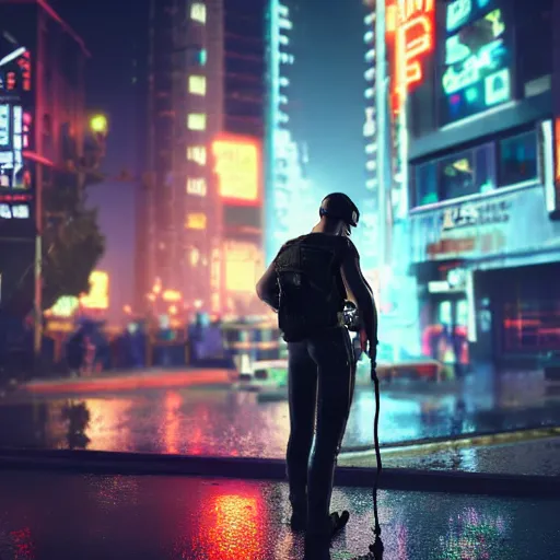 Prompt: a student holding a heavy machine gun. The student is standing in the rain. Neon signs in the background alongside tall downtown cyberpunk buildings. A dog is being walked on a leash in an alley. Trending on artstation. Octane render, unreal engine, 4k.