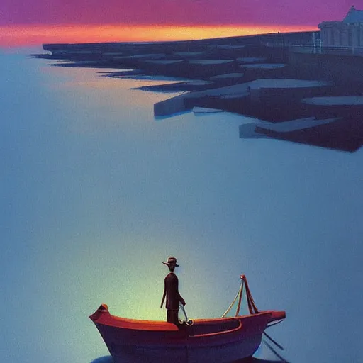 Image similar to Old victorian harbour at dusk, very coherent, painted by Edward Hopper, Wayne Barlowe, painted by James Gilleard, airbrush, art by JamesJean