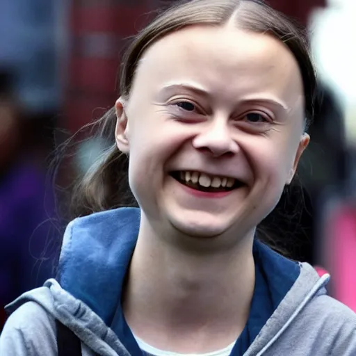 Prompt: laughing greta thunberg with very big forehead