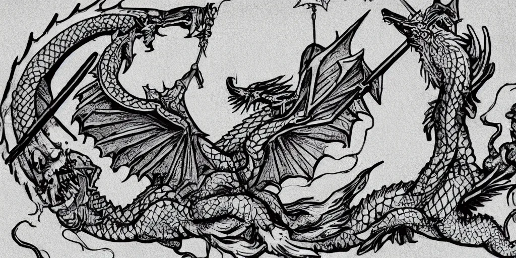 Prompt: A simple yet detailed illustration in the style of a tattoo, depicting a plated knight, holding a lance, facing the horizon where there is a three headed game of thrones western dragon with large wings, 4k