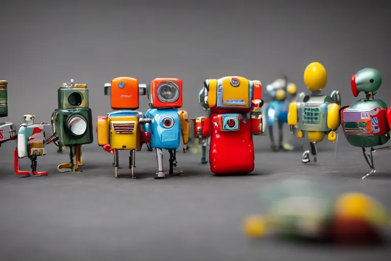 Prompt: miniature figurines of 1 9 5 0 s robot toys, tilt shift, product photography