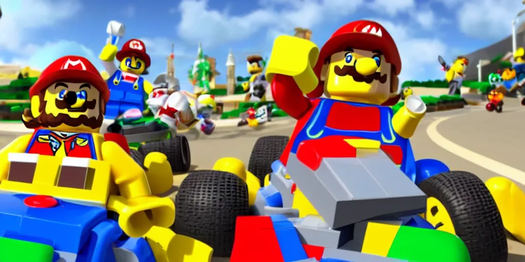 Image similar to still frame from lego mario kart