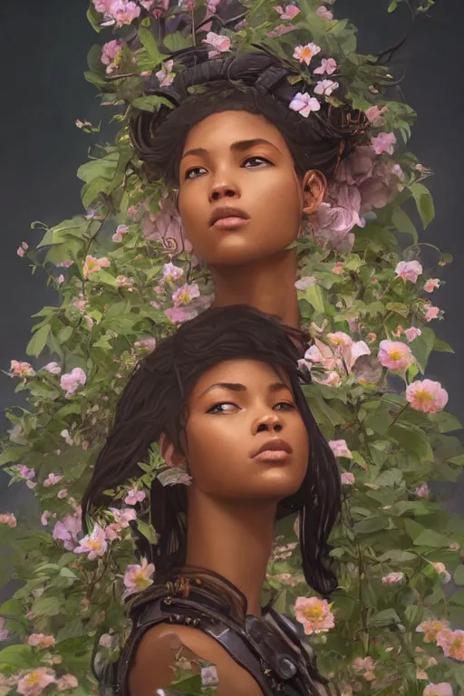 Image similar to ultra realistic illustration, black girl with flowers blossoming from helmet, elegant, highly detailed, digital painting, concept art, smooth, sharp focus, illustration, art by artgerm and greg rutkowski and alphonse mucha