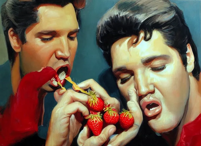 Image similar to a highly detailed beautiful portrait of elvis presley eating an strawberry, by gregory manchess, james gurney, james jean