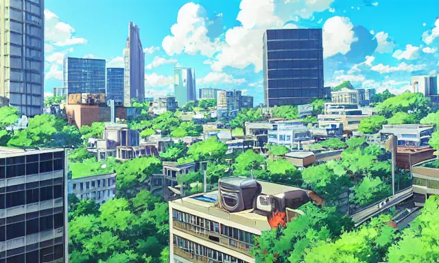 Image similar to Overlooking a modern city, summer sunny day, by Makoto Shinkai, super wide angle