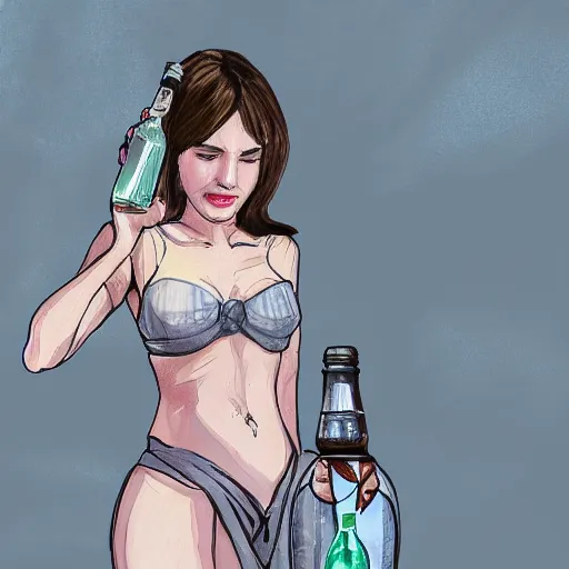 Image similar to putin holding a bottle of arak, wearing a mini skirt, cinematic, beautiful digital painting, hyper detailed