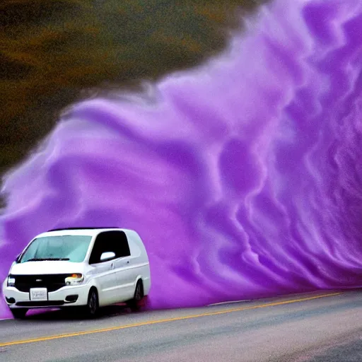 Image similar to white minivan driving away from a purple tornado