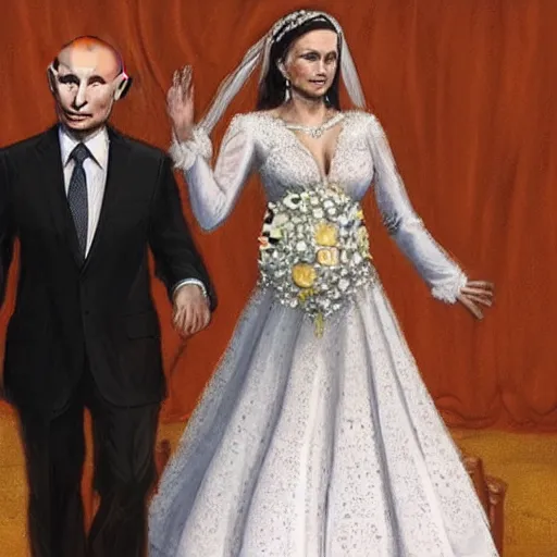 Prompt: Putin in a wedding dress marrying a bear, highly detailed