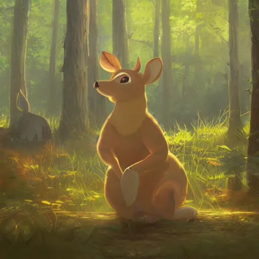 Image similar to concept art painting of an anthropomorphic elderly chubby doe deer wearing yellow robes, in the deep forest, realistic, detailed, cel shaded, in the style of makoto shinkai and greg rutkowski and james gurney