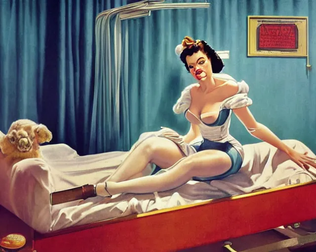 Image similar to phtorealistic modern pin up of the bride of frankenstein posing in a bed in the room of a sanatarium, full body, campy color scheme, realistic, center, smooth, golden ratio, detailed, gil elvgren, earl moran, joyce ballantyne