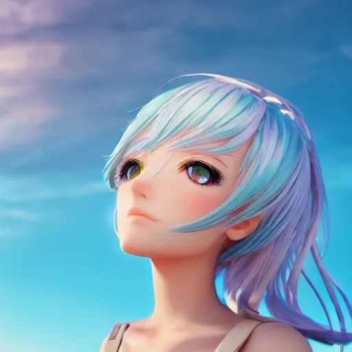 Image similar to Render of a very beautiful 3d anime girl, long sky blue hair, jewelry eyes, cute freckles, full round face, short smile, cute teal sundress, golden hour, serene beach setting, cinematic lightning, medium shot, mid-shot, very very highly detailed, trending on Artstation, Unreal Engine 4k