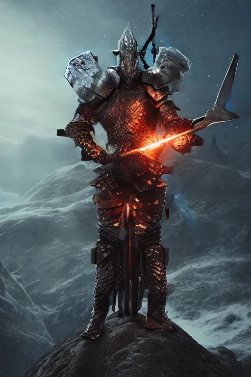 Prompt: portrait photo of a brutal nordic Warrior in fighting pose, wearing intricate steel armor, holding magical fiery battle-axe, sharp focus, highland landscape with few trees background, magical aura, heroic pose, fantasy style, octane render, volumetric lighting, 8k high definition, highly detailed, trending on ArtStation, centered