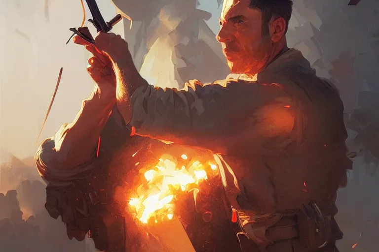 Image similar to a man fights an explosion with a knife, portrait, highly detailed, digital painting, artstation, concept art, smooth, sharp focus, illustration, cinematic lighting, art by artgerm and greg rutkowski and alphonse mucha