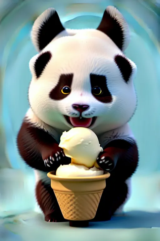 Image similar to high quality 3 d render hyperrealist very cute lowbrow happy panda & cat hybrid eating ice cream, vray smooth, in the style of detective pikachu, very dramatic light, low angle, uhd 8 k, shallow depth or field