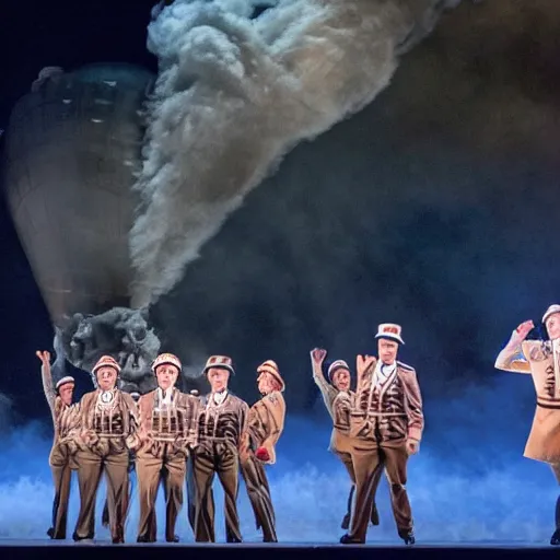 Image similar to award winning Production photo of the Hindenburg disaster the musical on broadway, dancing, singing, costumes by Julie Taymor, set design by Julie Taymor