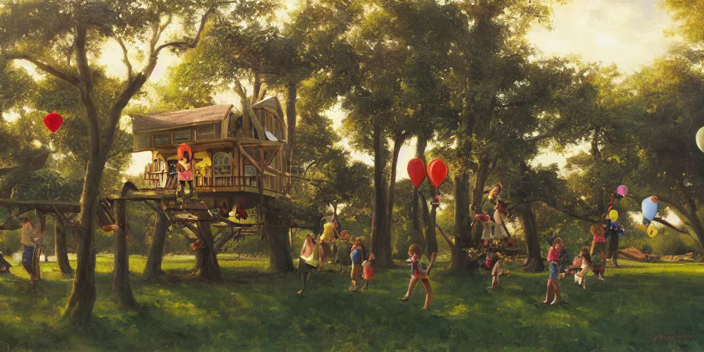 Image similar to masterful oil on canvas painting, eye - level view, shot from 5 0 feet distance, of kids playing in a treehouse. in the background human children run around having fun. golden hour, detailed, depth, volume, chiaroscuro, quiet intensity, limited color palette. in the background there are a couple of balloons floating in the sky.