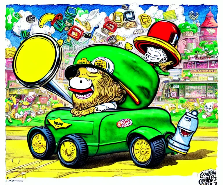 Prompt: cute and funny, lucky charms leprechaun, wearing a helmet, driving a hotrod, oversized enginee, ratfink style by ed roth, centered award winning watercolor pen illustration, isometric illustration by chihiro iwasaki, the artwork of r. crumb and his cheap suit, cult - classic - comic,