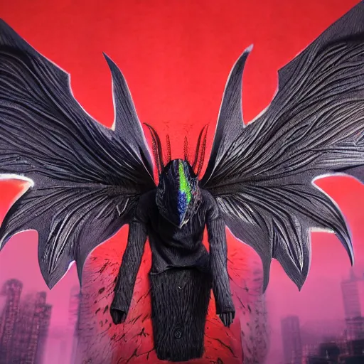 Image similar to 4K headshot of mothman holding something and bloody clothes with giant wings , intricate face , flawless anime cel animation by Kentaro Miura,psychedelic , highly detailed upper body , professionally post-processed , beautiful, scary, symmetry accurate features, epic, octane rendered, anime masterpiece, accurate
