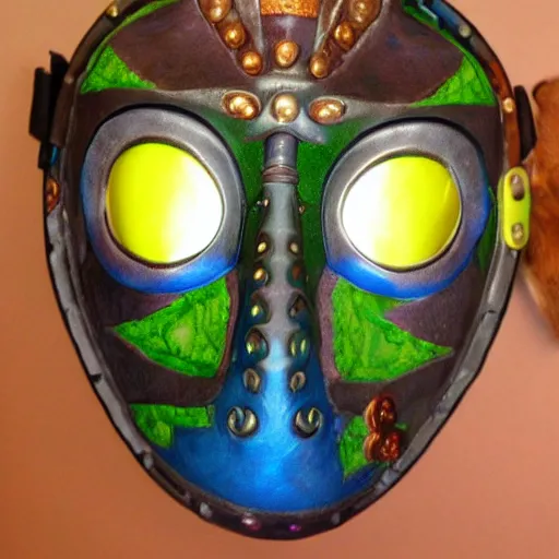 Image similar to majoras mask as a realistic wearable mask. highly detailed image. unreal engine. very colorful.
