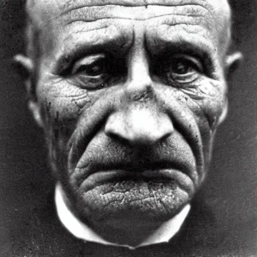 Image similar to close up photo portrait of a 19th century ugly clean-face gangster with scars by Diane Arbus and Louis Daguerre