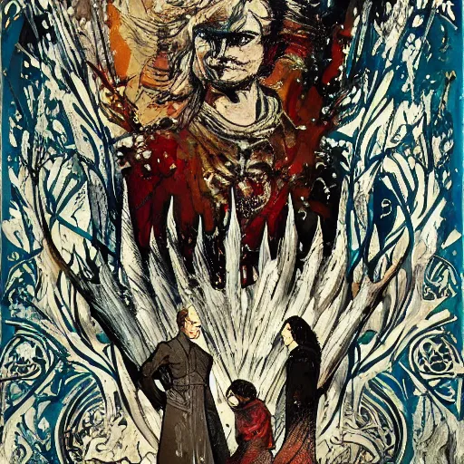 Prompt: art nouveau style of game of thrones winter is coming by jackson pollock in the style of the video dune contemporary realism magic realism first person view dramatic lighting