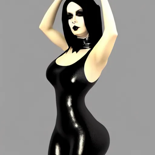 Image similar to a feminine curvy pale hot goth sweetie wearing a modest tight silver, gold, and black latex-nylon high-neck dress, dark eyeshadow, eyelashes, cgsociety, photorealistic, sublime-hyperadvanced-amorous ambience, 16k, smooth, sharp focus, trending on ArtStation, volumetric lighting, fully clothed, thin waist