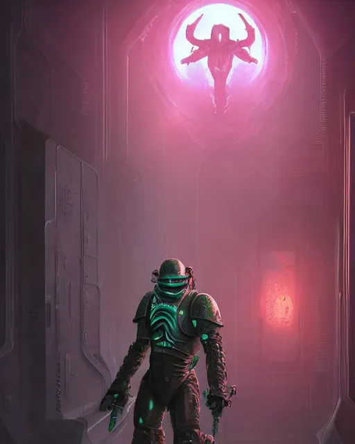 Image similar to Sci-Fi Crocodile alien, armored, big, art by Kashin, Wadim, Martinière, Stephan, Anton Fadeev, holding rifle, sharp focus, pitch black cursed evil Spaceship hallway, dark light, soft purple glow, heroic pose, sci-fi artwork, octane render, dead space artwork, cyberpunk, warm light, occult, magical, volumetric lighting, 8k high definition, highly detailed, trending on art Station, centered, by Greg Rutkovski, sci-fi artwork, arnold render