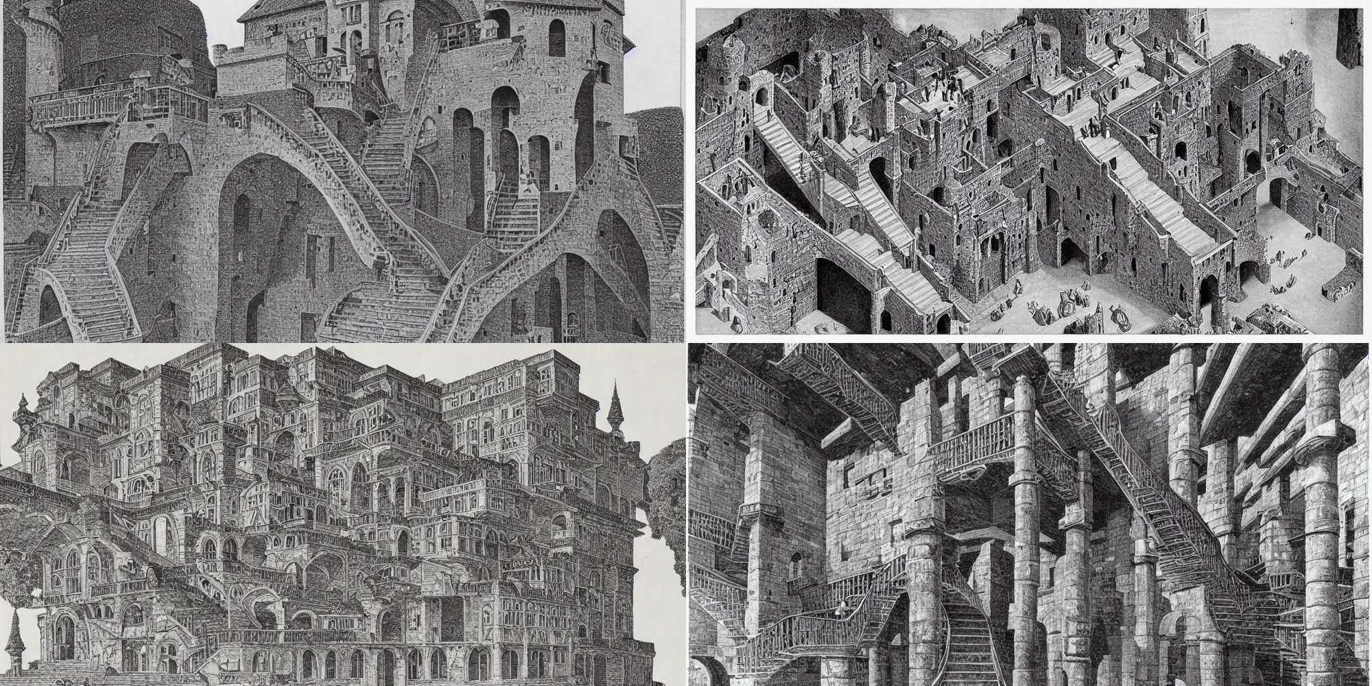 Prompt: an ancient castle with many interconnected stairs, by M.C. Escher