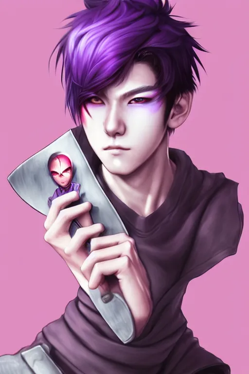 Image similar to gorgeous!!! hyper - realistic teenager boy with purple hair, purple eyes with red eye markets, wearing combat japanese clothes, holding a fan | drawn by wlop, drawn by jeehyung lee, drawn by artgerm | intricate, highly detailed, digital painting, character design, concept art, illustration, artstation