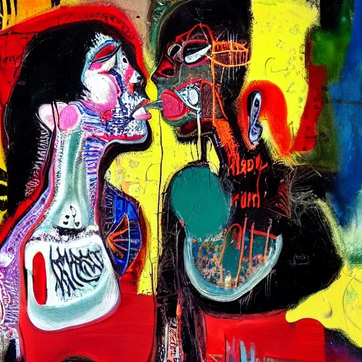 Image similar to beautiful painting of two bizarre psychedelic goth women kissing each other closeup in a cafe in japan, speculative evolution, mixed media collage by basquiat and jackson pollock, magazine collage art, sapphic art, lesbian art