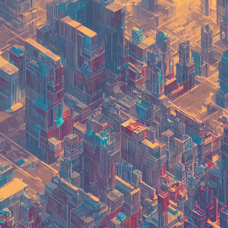 Image similar to isometric view illustration of a Cyberpunk Moscow, highly detailed, by James Gilleard and Bruce Pennington