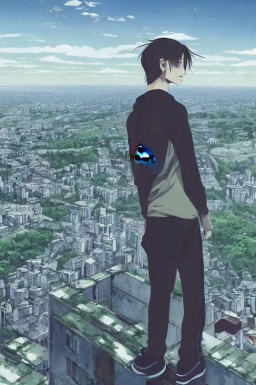 Prompt: Sad gopnik boy in black adidas sportswear looking atop of a urban plateau filled with soviet apartment buildings, summer, dreamy, beautiful clouds, birds in the sky, ultra detailed, beautiful lighting, wallpaper, cityscape, beautiful artwork by Makoto Shinkai