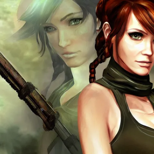 Image similar to concept art illustration of christina hendricks as lara croft anime protagonist