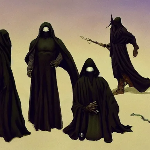 Prompt: The Old Overseers of Planet Earth, masked men in black robes, gerald brom style